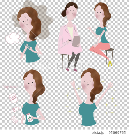 An illustration set showing the flow of treatment by a female doctor, informed consent, and before and after treatment effects An illustration set showing the flow of treatment by a female doctor, informed consent, and before and after treatment effects 95069765