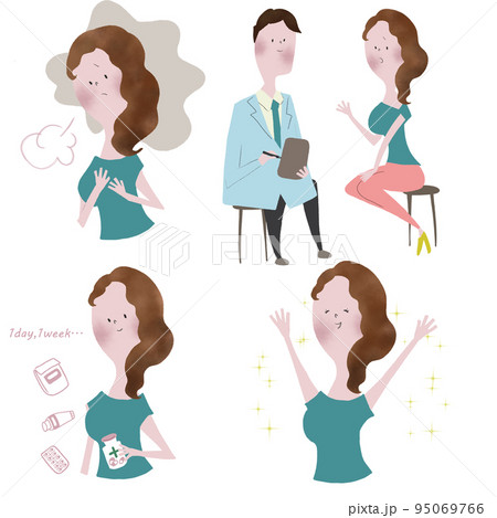 病院の治療の流れと、インフォームドコンセント、治療効果のビフォアアフターを表したイラストセット 95069766