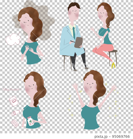 病院の治療の流れと、インフォームドコンセント、治療効果のビフォアアフターを表したイラストセット 95069766