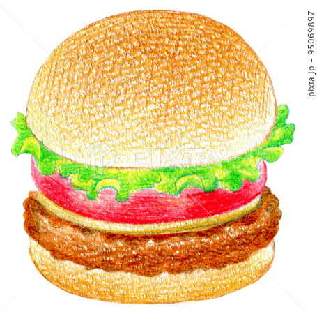 総菜パン ハンバーガーの色鉛筆画ワンポイント 総菜パン ハンバーガーの色鉛筆画ワンポイント 95069897