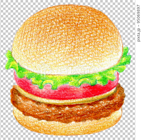 総菜パン ハンバーガーの色鉛筆画ワンポイント 総菜パン ハンバーガーの色鉛筆画ワンポイント 95069897