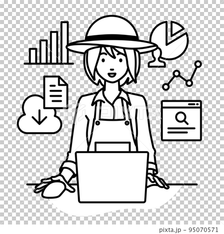 A female farmer doing research, data analysis, and writing reports in front of a computer at her desk 95070571