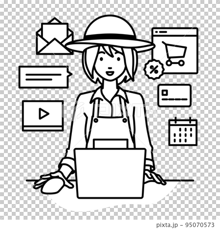 A farmer woman sitting at a desk and doing an online shop or marketing job on a PC 95070573