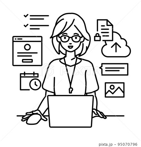デスクで座ってPCでプロジェクトやタスクの管理の仕事をしている教師の女性 95070796
