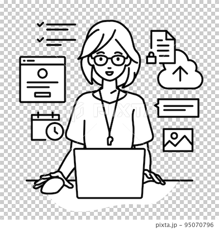 デスクで座ってPCでプロジェクトやタスクの管理の仕事をしている教師の女性 95070796