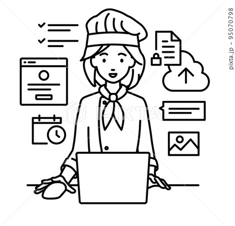 デスクで座ってPCでプロジェクトやタスクの管理の仕事をしている調理師の女性 95070798