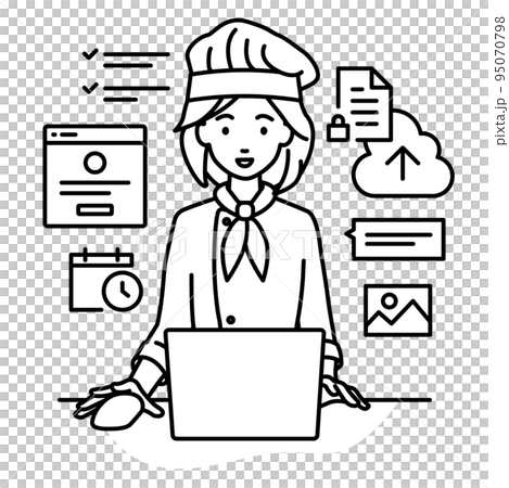 デスクで座ってPCでプロジェクトやタスクの管理の仕事をしている調理師の女性 95070798