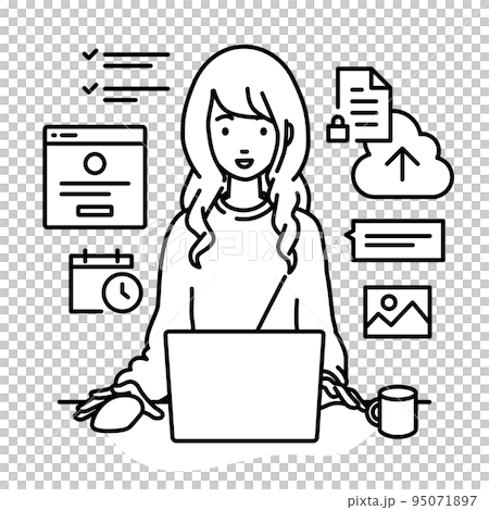 A remote-working woman sitting at a desk and working on a PC to manage projects and tasks A remote-working woman sitting at a desk and working on a PC to manage projects and tasks 95071897