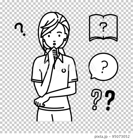 A woman in a polo shirt who stands and puts her hand on her chin and feels doubts Set of question marks 95073052