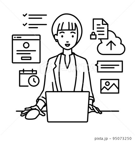 デスクで座ってPCでプロジェクトやタスクの管理の仕事をしているジャケットの女性 95073250