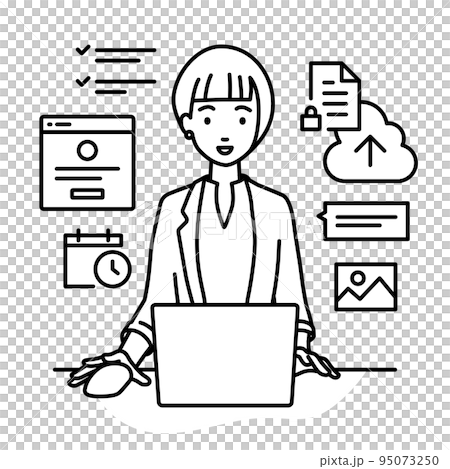 デスクで座ってPCでプロジェクトやタスクの管理の仕事をしているジャケットの女性 95073250