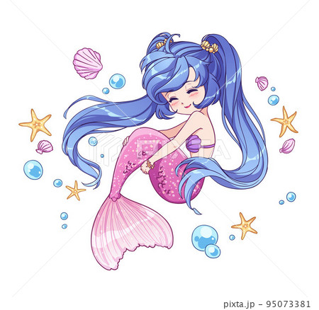 Cute little cartoon mermaid with long blue hair 95073381