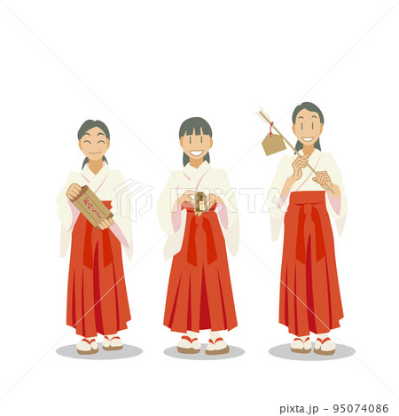 おみくじ、お守り、破魔矢を持つ巫女 95074086