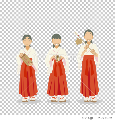 おみくじ、お守り、破魔矢を持つ巫女 95074086