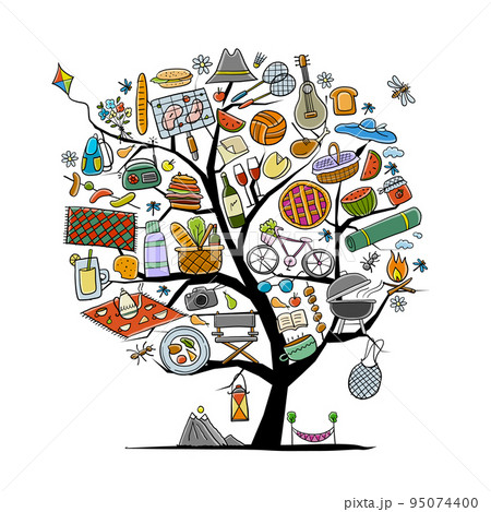 Picnic day. Concept tree for your design. Outdoor relax elements - basket, drinks, food, game, sport. Vector illustration 95074400