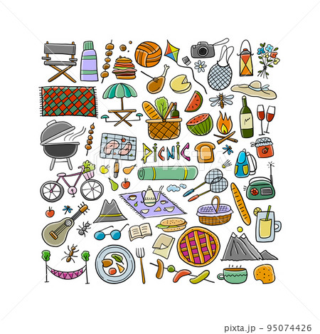 Picnic day. Outdoor relax design elements - Basket, drinks, food, game, sport. Vector illustration 95074426
