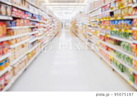 Supermarket aisle with product shelves abstract blur defocused background 95075197
