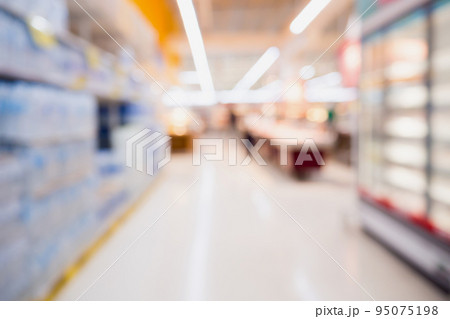 Empty Supermarket aisle shelves abstract blur defocused business background 95075198
