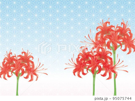 赤い彼岸花の水彩画の背景　秋　フレーム　コピースペース　手描き　水彩　イラスト素材 95075744
