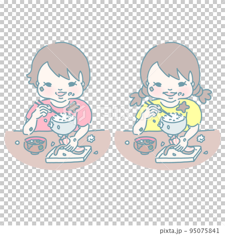 ごはんを食べ散らかす男の子と女の子のイラスト素材 [95075841] - PIXTA