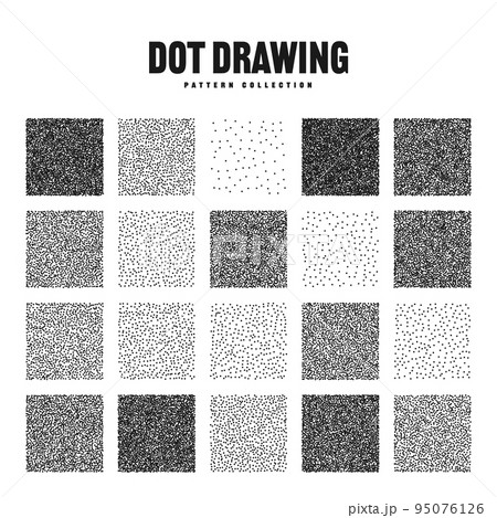 Square shaped dotted objects, stipple elements. Stippling, dotwork drawing, shading using dots. Pixel disintegration, halftone effect. White noise grainy texture, pattern. Vector illustration Square shaped dotted objects, stipple elements. Stippling, dotwork drawing, shading using dots. Pixel disintegration, halftone effect. White noise grainy texture, pattern. Vector illustration 95076126