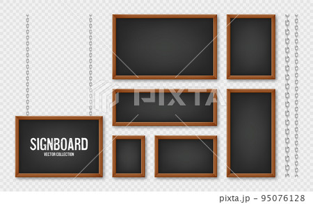 Signboards in a wooden frame hanging on a metal chain. Restaurant menu board. School chalkboard, writing surface for text or drawing. Blank advertising or presentation boards. Vector illustration Signboards in a wooden frame hanging on a metal chain. Restaurant menu board. School chalkboard, writing surface for text or drawing. Blank advertising or presentation boards. Vector illustration 95076128