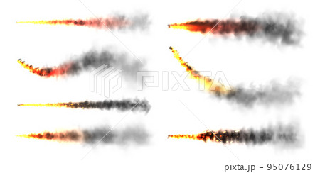 Realistic black smoke with fire, space rocket launch trails. Fire burst, explosion. Missile or bullet trail. Jet aircraft tracks. Smoke clouds, fog. Steam flow. Vector illustration Realistic black smoke with fire, space rocket launch trails. Fire burst, explosion. Missile or bullet trail. Jet aircraft tracks. Smoke clouds, fog. Steam flow. Vector illustration 95076129