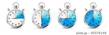 Realistic classic stopwatch icons. Shiny metal chronometer, time counter with dial. Blue countdown timer showing minutes and seconds. Time measurement for sport, start and finish. Vector illustration 95076148