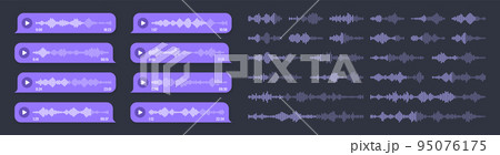 Voice, audio message, violet speech bubble. SMS text frame. Social media chat or messaging app conversation. Voice assistant, recorder. Sound wave pattern. Dark mode. Vector illustration Voice, audio message, violet speech bubble. SMS text frame. Social media chat or messaging app conversation. Voice assistant, recorder. Sound wave pattern. Dark mode. Vector illustration 95076175