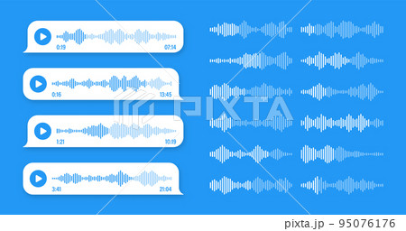 Voice, audio message, blue speech bubble. SMS text frame. Social media chat or messaging app conversation. Voice assistant, recorder. Sound wave pattern. Vector illustration 95076176