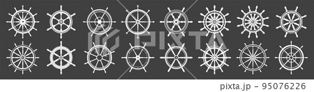 Collection of white vintage steering wheels. Ship, yacht retro wheel symbol. Nautical rudder icon. Marine design element. Vector illustration Collection of white vintage steering wheels. Ship, yacht retro wheel symbol. Nautical rudder icon. Marine design element. Vector illustration 95076226