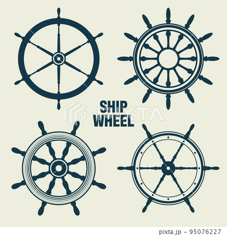 Collection of vintage steering wheels. Ship, yacht retro wheel symbol. Nautical rudder icon. Marine design element. Vector illustration 95076227