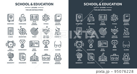 School education, university studies. Study, learning and educational process. Online lessons, e-learning with video tutorials. Knowledge acquisition. Thin line web icons set. Vector illustration 95076228