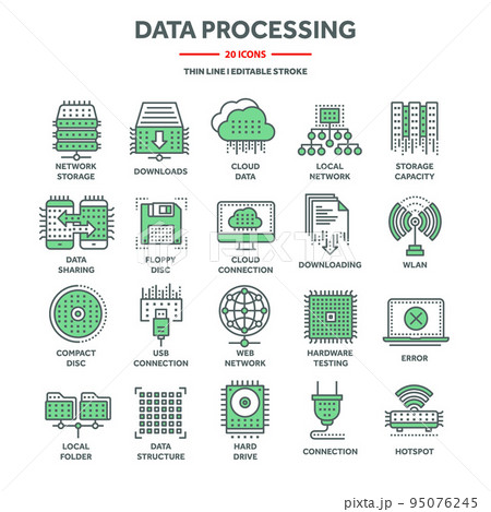 Cloud computing and internet technology, database remote access. Web hosting, online services data protection. Information security, data sharing and backup. Thin line icons set. Vector illustration 95076245