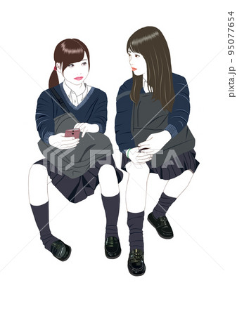 真剣な表情で話す二人の女子高生 95077654