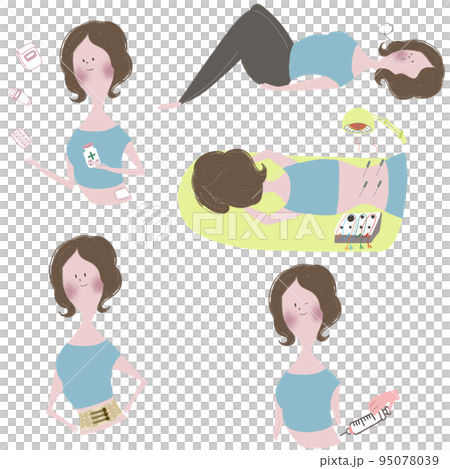 Illustration set of conservative therapy for lumbar spine disease such as heat therapy, drug therapy, physical therapy, brace therapy, and exercise therapy Illustration set of conservative therapy for lumbar spine disease such as heat therapy, drug therapy, physical therapy, brace therapy, and exercise therapy 95078039