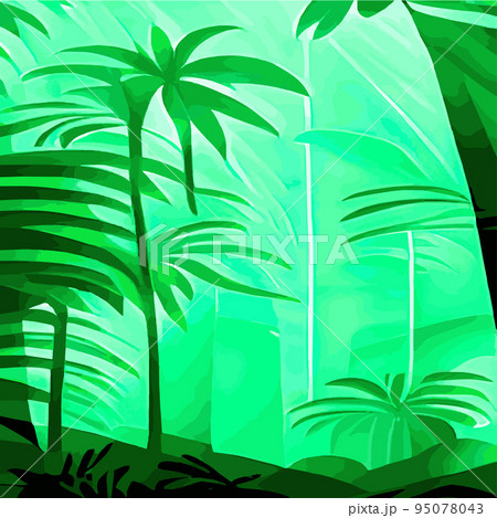 Tropical card with lush palm foliage. Oasis landscape. Hand drawn vector illustration .vector Tropical typography design with jungle green palm leaves. forest background 95078043