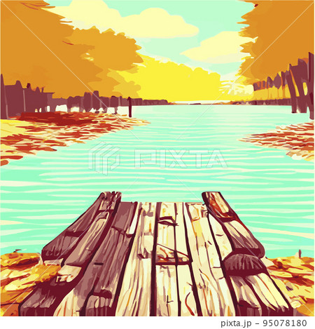 Autumn rural landscape in evening light with sunset, , vector cartoon of autumn countryside with forest tree, maple trees with yellow foliage in autumn season. 95078180
