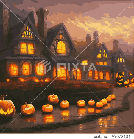 Creepy Halloween card. Glowing pumpkins on the background of a spooky place with a fantasy style house. Halloween party with pumpkins. Vector illustration. 95078181