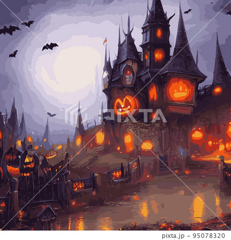 Halloween poster background. Foggy landscape with bats, big moon, pumpkins, trees and a dark gothic castle in the background. Illustrator vector template ,Scary horror halloween party Halloween poster background. Foggy landscape with bats, big moon, pumpkins, trees and a dark gothic castle in the background. Illustrator vector template ,Scary horror halloween party 95078320
