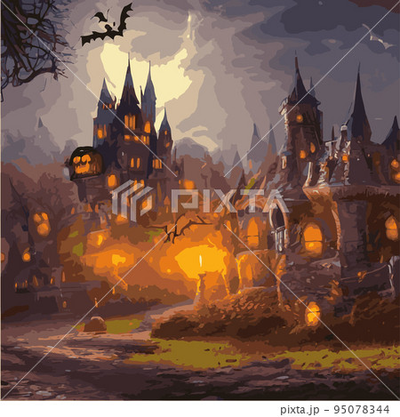Halloween poster background. Halloween illustration mysterious night landscape with castle full moon, pumpkins, trees dark gothic castle background. vector illustrator, Scary horror halloween party Halloween poster background. Halloween illustration mysterious night landscape with castle full moon, pumpkins, trees dark gothic castle background. vector illustrator, Scary horror halloween party 95078344