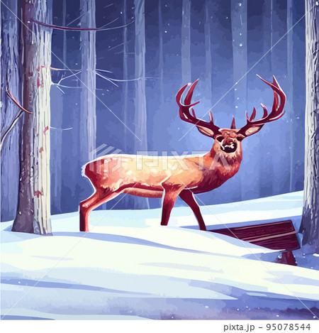 Landscape with dark winter northern forest and wild deer portrait, vector illustration. Wild animals of the north. Realistic vector landscape. natural background 95078544