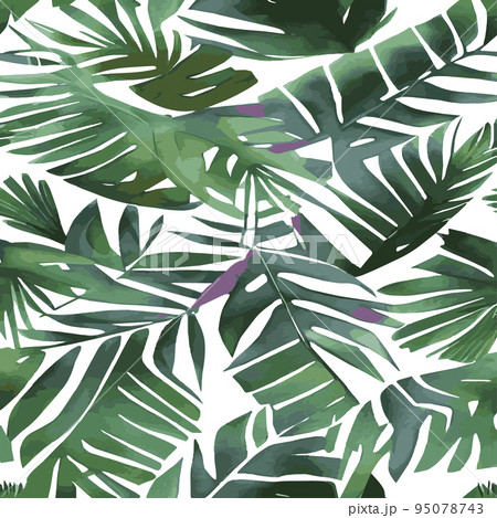 Jungle vector illustration with tropical leaves patern. Trendy summer print. Exotic seamless pattern. turquoise and green tropical leaves. Exotic jungle wallpaper. 95078743