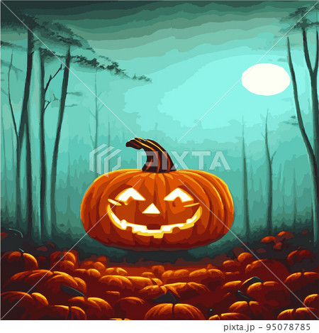 Halloween spooky traditional pumpkins in a dark misty night forest with blue mist. Halloween night background with pumpkin, Halloween party wallpaper or invitation template, advertising. Halloween spooky traditional pumpkins in a dark misty night forest with blue mist. Halloween night background with pumpkin, Halloween party wallpaper or invitation template, advertising. 95078785