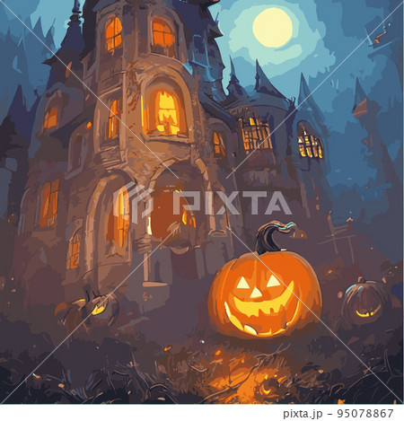Halloween. Happy Halloween Fantasy Illustration with Halloween pumpkin, trees, house, moon on the background of old gothic castles. Fantasy poster for halloween Halloween. Happy Halloween Fantasy Illustration with Halloween pumpkin, trees, house, moon on the background of old gothic castles. Fantasy poster for halloween 95078867