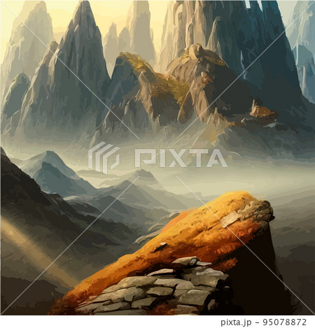 Realistic illustration of a mountain landscape with hills and coniferous forest under retro. Smoke mountains. vector landscape for your design. Magic hill silhouette. Realistic illustration of a mountain landscape with hills and coniferous forest under retro. Smoke mountains. vector landscape for your design. Magic hill silhouette. 95078872