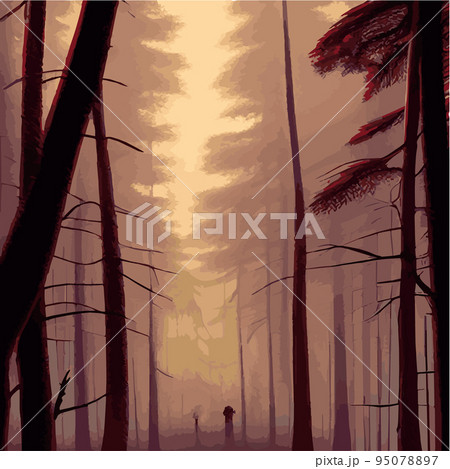 mysterious forest. Background landscape at night twilight foggy forest. Cartoon colored illustration of taiga dark coniferous forest forests. enchanted forest at night. 95078897
