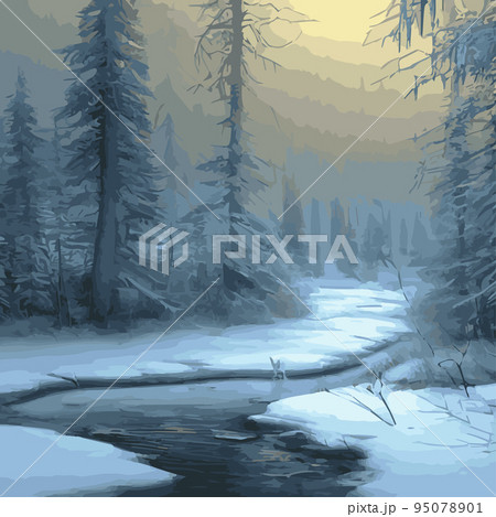 Winter landscape forest. Winter nature forest with spruces, pines bushes. Snowy areas branches covered with snow. Winter landscapes with vector illustration. Merry Christmas Happy New Year forest Winter landscape forest. Winter nature forest with spruces, pines bushes. Snowy areas branches covered with snow. Winter landscapes with vector illustration. Merry Christmas Happy New Year forest 95078901