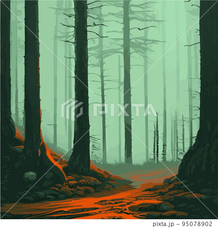 mysterious forest. Background landscape at night twilight foggy forest. Cartoon colored illustration of taiga dark coniferous forest forests. enchanted forest at night. mysterious forest. Background landscape at night twilight foggy forest. Cartoon colored illustration of taiga dark coniferous forest forests. enchanted forest at night. 95078902