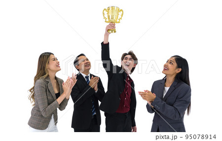 Team of successful people standing together with trophy received from the work done proudly. Portrait on white background with studio light. 95078914